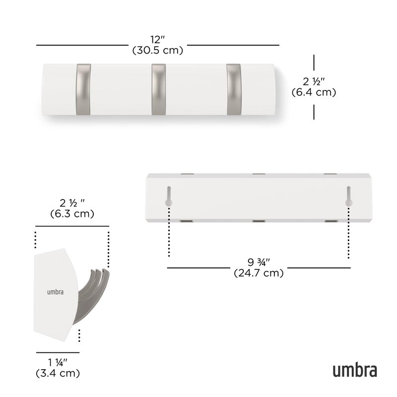 Umbra Flip Wall-Mounted Coat Rack with 3 Hooks â€“ Modern, Space-Saving Storage for Hats, Jackets, Bags, Entryway, Mudroom, Closet, Bathroom, Bedroom â€“ White/Nickel - Image 3